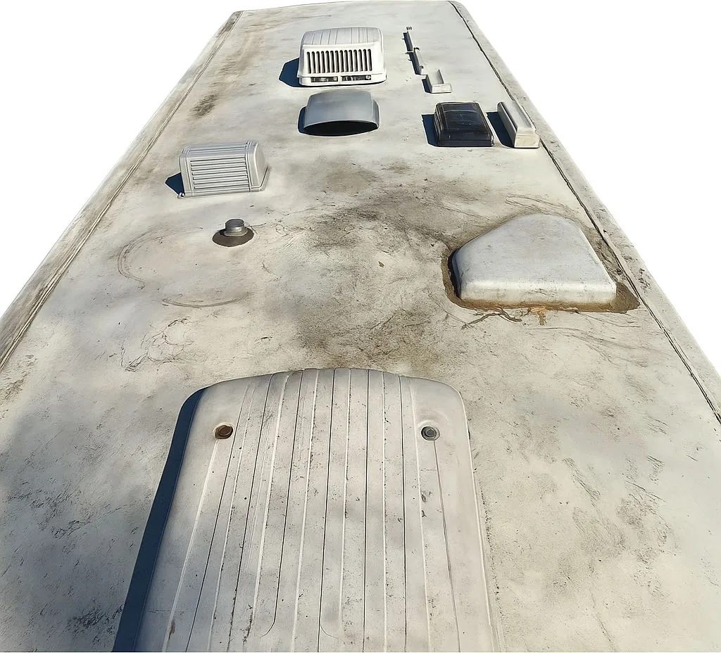 Damaged RV Roof Before Highest-Quality Materials Repair in Minnesota - Leaking and Cracked Commercial-Grade Replacement Needed