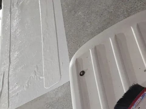 This here was a repair that we had to do up at the front of the cab where an accident that punctured the side wall next to the gutter That led to a very small what I thought was the worst of the project ended up being the easy part This just got epoxy poured all over the top of it in between them delaminations and re glued it and again doing that makes it way stronger than plywood even